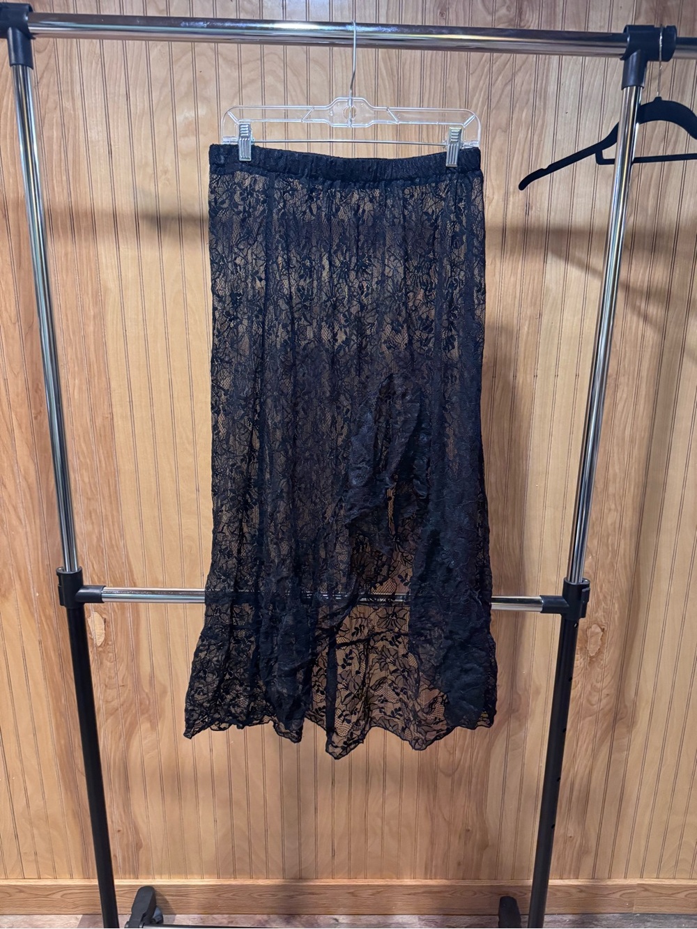 Black Lace Midi Skirt - Elegant Sheer Panel